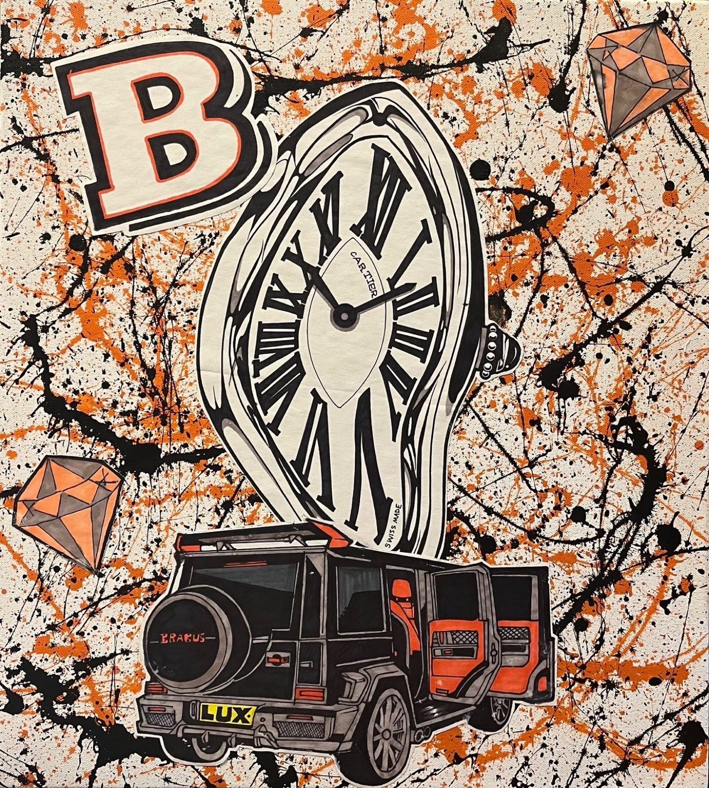 Orange and black custom artwork with a sculptural watch, diamonds and a luxury SUV